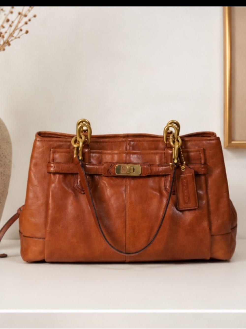 Coach Chelsea Jayden Carryall Brown Burnished Leather Satchel Tote Bag